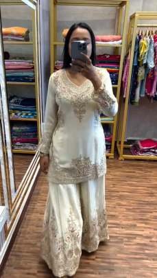 Embroidery Sequence Work White Palazzo Suit