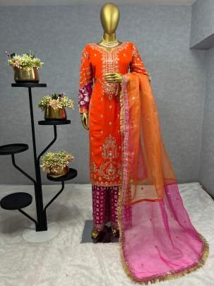 Embroidery Sequins Work Orange Kurti Pant And Dupatta