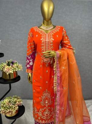 Embroidery Sequins Work Orange Kurti Pant And Dupatta