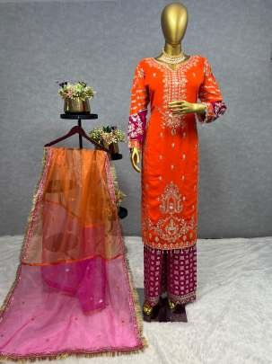 Embroidery Sequins Work Orange Kurti Pant And Dupatta