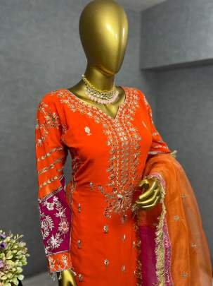 Embroidery Sequins Work Orange Kurti Pant And Dupatta