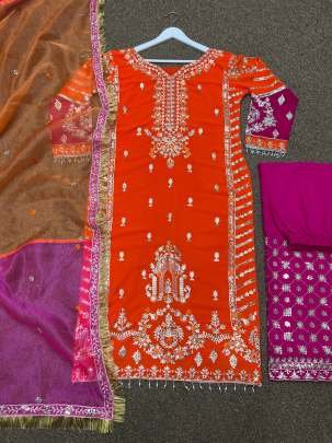 Embroidery Sequins Work Orange Kurti Pant And Dupatta