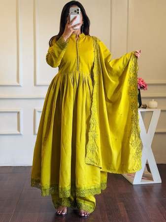 Embroidery  Work And Full Sleeve  Lime Colour Ready Made Suit