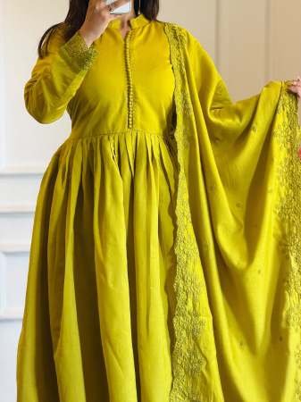 Embroidery  Work And Full Sleeve  Lime Colour Ready Made Suit