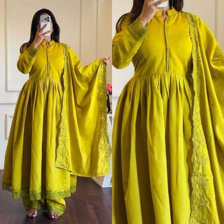 Embroidery  Work And Full Sleeve  Lime Colour Ready Made Suit