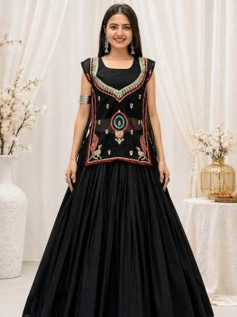 Embroidery Work Black Colour Khadi Cotton Navratri Lehenga