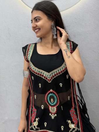 Embroidery Work Black Colour Khadi Cotton Navratri Lehenga
