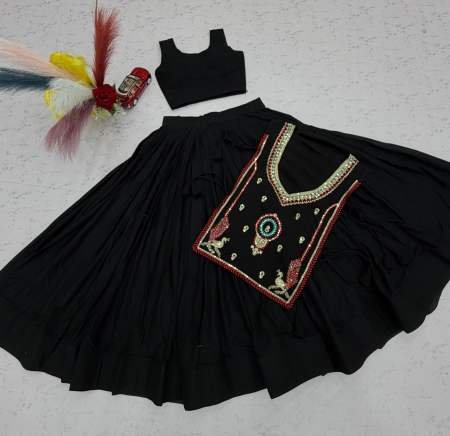 Embroidery Work Black Colour Khadi Cotton Navratri Lehenga