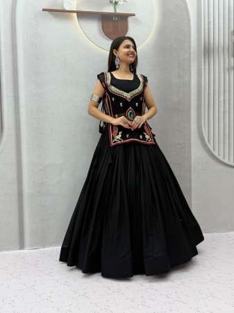 Embroidery Work Black Colour Khadi Cotton Navratri Lehenga