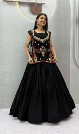 Embroidery Work Black Colour Khadi Cotton Navratri Lehenga