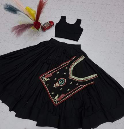 Embroidery Work Black Colour Khadi Cotton Navratri Lehenga