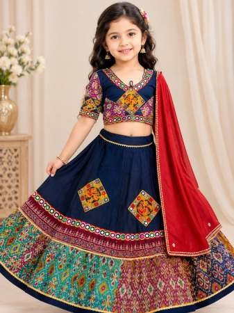 Embroidery  Work Blue Colour Kids Navrtari Lehenga