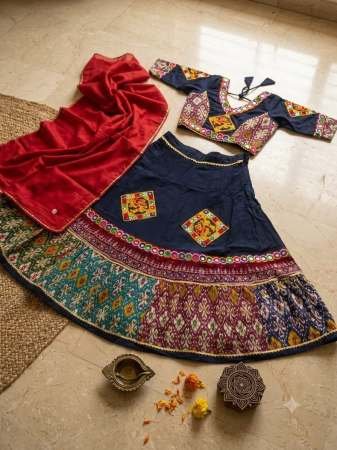 Embroidery  Work Blue Colour Kids Navrtari Lehenga