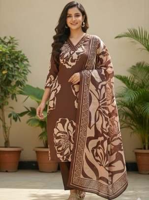 Embroidery Work Brown Colour Kurti Pant Dupatta Set