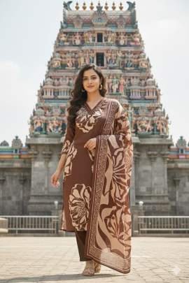 Embroidery Work Brown Colour Kurti Pant Dupatta Set