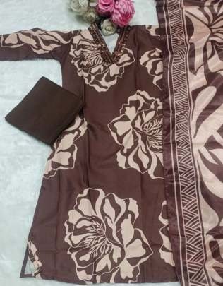 Embroidery Work Brown Colour Kurti Pant Dupatta Set