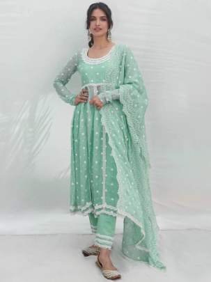 Embroidery Work Mint Color Anarkali Suit Pant Set