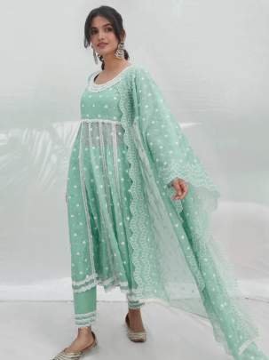 Embroidery Work Mint Color Anarkali Suit Pant Set