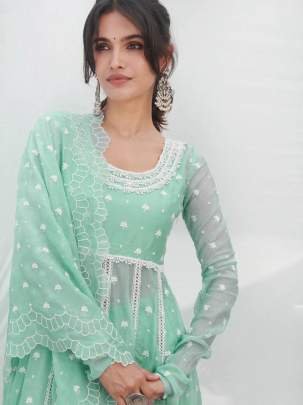 Embroidery Work Mint Color Anarkali Suit Pant Set