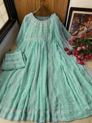 Embroidery Work Mint Color Anarkali Suit Pant Set