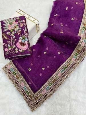 Embroidery Work Purple Organza Silk Saree