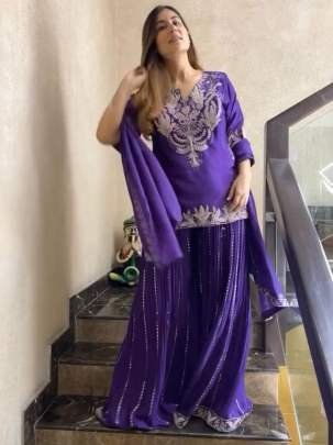 Embroidery Work Purple Top Sharara Dupatta Set