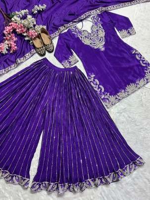 Embroidery Work Purple Top Sharara Dupatta Set