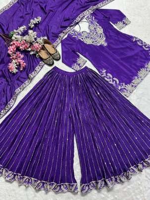 Embroidery Work Purple Top Sharara Dupatta Set