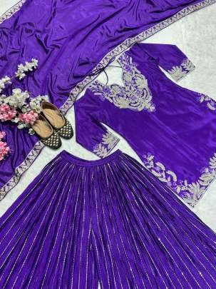 Embroidery Work Purple Top Sharara Dupatta Set
