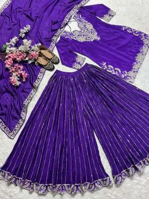 Embroidery Work Purple Top Sharara Dupatta Set