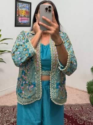 Embroidery Work Rama Koti Blouse Palazzo Indo Western Dress