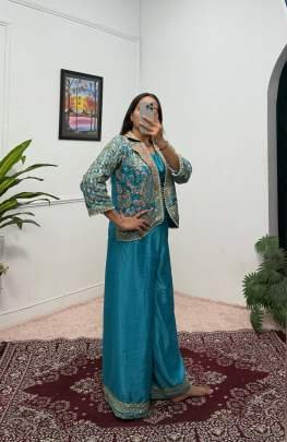 Embroidery Work Rama Koti Blouse Palazzo Indo Western Dress