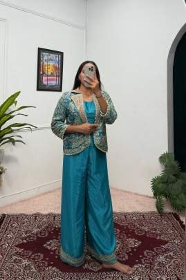 Embroidery Work Rama Koti Blouse Palazzo Indo Western Dress