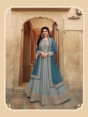 Embroidery Work Silk Grey Gowns With Net Dupatta