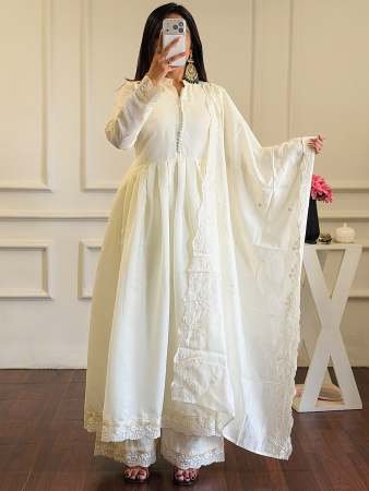 Embroidery  Work White Colour Ready Made Suit