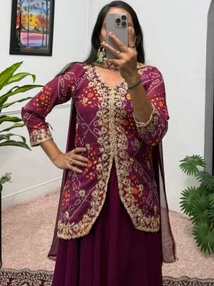 Embroidery Work Wine Lehenga Dupatta With Koti