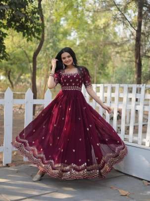 Embroidery Zari Sequins Work Wine Color Gowns
