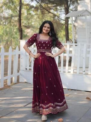 Embroidery Zari Sequins Work Wine Color Gowns