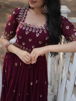 Embroidery Zari Sequins Work Wine Color Gowns