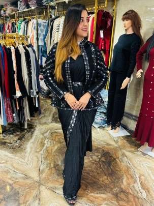 Emerald Black Cocktail Party Wear Ready To Wear Saree With Jacket