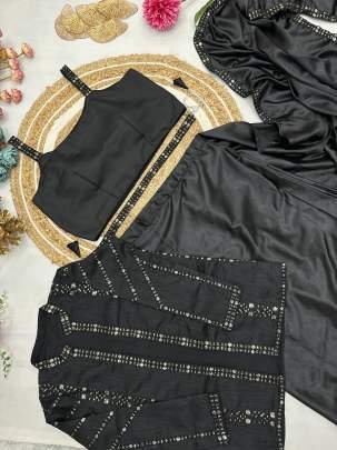 Emerald Black Cocktail Party Wear Ready To Wear Saree With Jacket