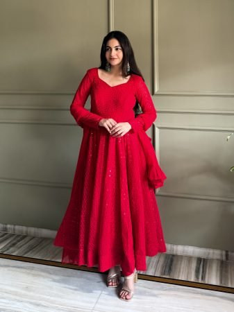 Ethnic Red Anarkali Gown with Kali Cut And Ruffle Dupatta