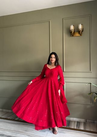 Ethnic Red Anarkali Gown with Kali Cut And Ruffle Dupatta
