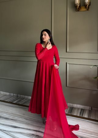 Ethnic Red Anarkali Gown with Kali Cut And Ruffle Dupatta
