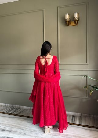 Ethnic Red Anarkali Gown with Kali Cut And Ruffle Dupatta