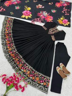 Ethnic Black Chinon Silk Gown With Dupatta