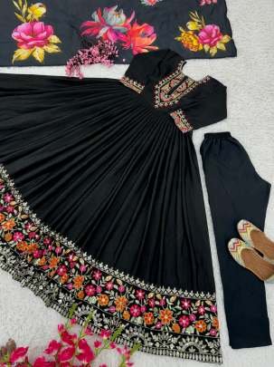 Ethnic Black Chinon Silk Gown With Dupatta