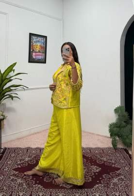 Ethnic Style Yellow Colour Embroidery Work Co Ord Set