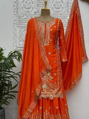 Ethnic Wear Sequin Work Orange Palazzo Suit