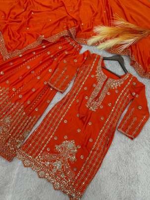 Ethnic Wear Sequin Work Orange Palazzo Suit